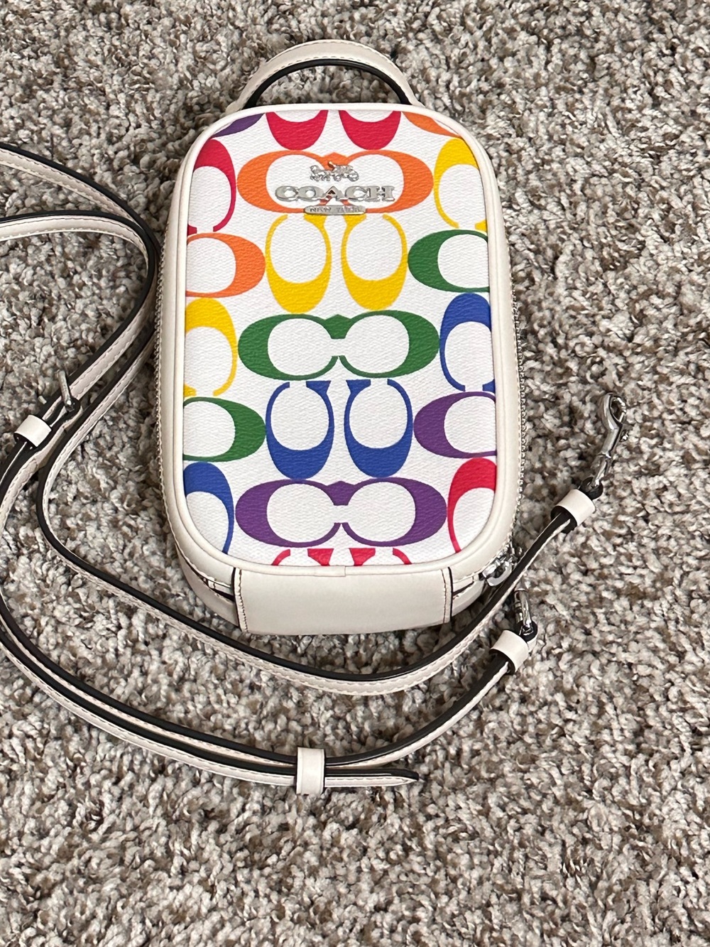 NEW Coach CK189 Eva Phone Crossbody In Rainbow Signature Canvas & Leather Chalk